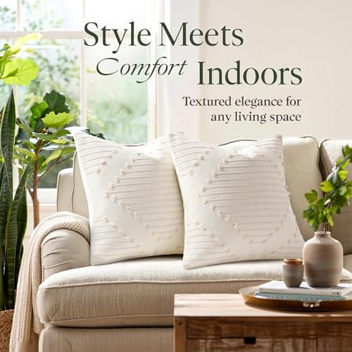 Mecatny Boho Outdoor Throw Pillow Covers 18x18 Set of 2 Beige & Cream White - Image 2