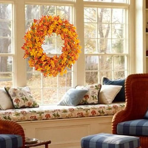 LLZLL Fall Wreaths 20 Inch Fall Wreath for Front Door Orange Artificial Thanksgiving Wreath with Forsythia Flower for Autumn Thanksgiving Home Decorations - Image 4
