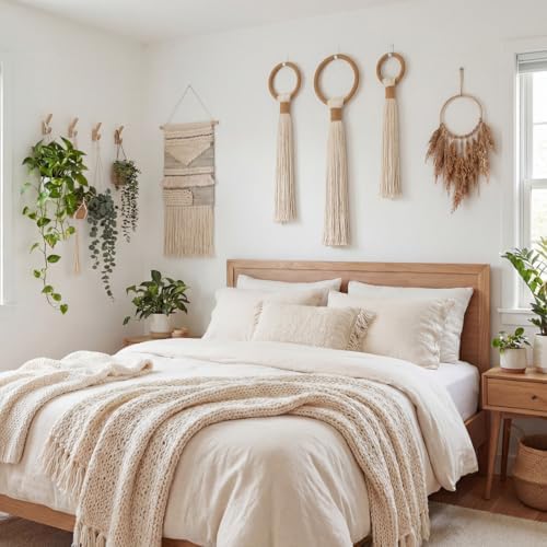 Tegeme 3 pcs Macrame Wall Hanging decor, Ring Tassel, Beige, Wire - Image 5