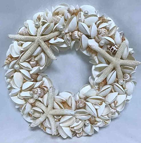 Natural Seashell Wreath w/Shells, Starfish, Pearls, Sea Snails - Spring & Summer Coastal Decor Beach House Indoor Door Wreath, 18in White/Natural - Image 4
