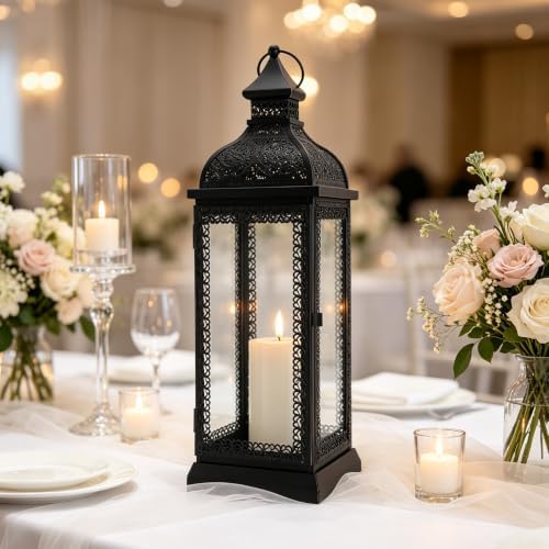 TRIROCKS Rustic Style Metal Candle Lantern 19'' High Decorative Hanging Lantern Candle Holder with Tempered Glass for Christmas Living Room Garden Yard Patio Parties Events Indoors Outdoors(Black) - Image 3