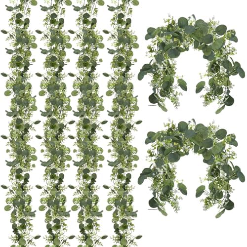 6 Pack 5.9 Feet Faux Eucalyptus Garlands Bulk, Artificial Wedding Garland with White Flowers Faux Silver Dollar Eucalyptus Leaves Vines for Table Home Wedding Party Indoor Outdoor Decor by Unknown