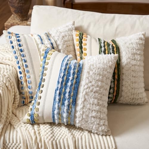 Aeckself Boho Chenille Tufted Throw Pillow Covers 18x18 Inch Set of 2, Farmhouse Decorative Striped Square Pillow Covers Accent Neutral Pillowcase for Living Room Couch Bed, Blue - Image 5