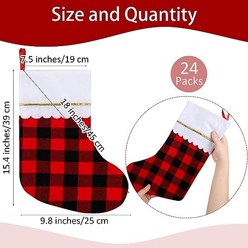 Fovths 24 Pack 18 Inch Red Black Buffalo Plaid Christmas Felt Stockings with White Plush Trim Large Red Buffalo Plaid Fireplace Hanging Stockings for Family Holiday Decoration Christmas Party Favors - Image 2