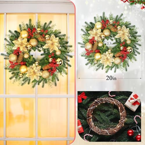 20'' Christmas Wreaths for Front Door, Gold Ball and Flower, Red Berry Decor for Indoor Outdoor Home Christmas New Year - Image 2