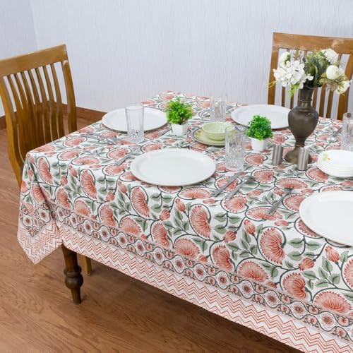 Home Spun & Crafts 72x108 Inches Rectangle Hand Block Print Tablecloth, 100% Cotton, Red Green Floral Table Cloths Washable, Traditional Indian for Dining Outdoor Thanksgiving Halloween Christmas - Image 3
