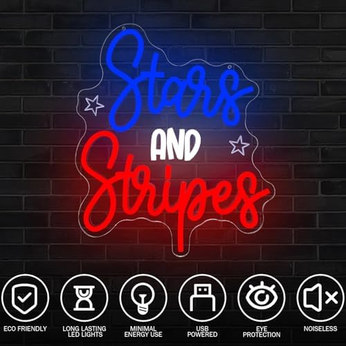 Stars and Strips Neon Sign Happy Independence Day LED Sign for Home USB Powered Star and Strips Light Sign Red Blue 4th of July Neon Wall Decor 250th Anniversary Light Up Home Sign - Image 3