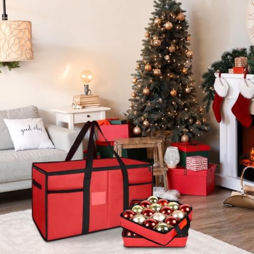 Christmas Ornament Storage Box with Dividers, Holds 128 Balls, Red - Image 2
