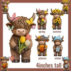Simgoing 4 Pcs Seasonal Highland Cow Figurines, Spring Summer Fall Winter Gnomes 4 Seasons Highland Cow Home Decor Table Centerpieces Scottish Resin Statue Calf Gifts for Home Garden Kitchen Office - Image 2