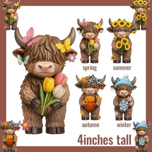 Simgoing 4 Pcs Seasonal Highland Cow Figurines, Spring Summer Fall Winter Gnomes 4 Seasons Highland Cow Home Decor Table Centerpieces Scottish Resin Statue Calf Gifts for Home Garden Kitchen Office - Image 2