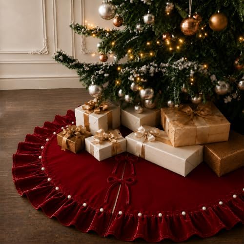 Red Velvet Christmas Tree Skirt with Ruffled Edge&Pearl,60" by DegGod