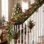 6FT Norfolk Pine Christmas Garland with Eucalyptus Red Berries, Realistic Artificial Cedar for Holiday Mantel, Table, Fireplace, Indoor Porch Xmas Decor - Image 7