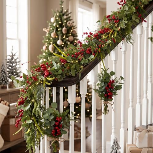 6FT Norfolk Pine Christmas Garland with Eucalyptus Red Berries, Realistic Artificial Cedar for Holiday Mantel, Table, Fireplace, Indoor Porch Xmas Decor - Image 7