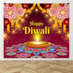 10x8ft Diwali Backdrop for Photography India Festival of Lights Photo Backdrop Diwali Banner Decorations for Party Supplies Deepavali Marigold Floral Backdrop Decorations Photo Props - Image 3