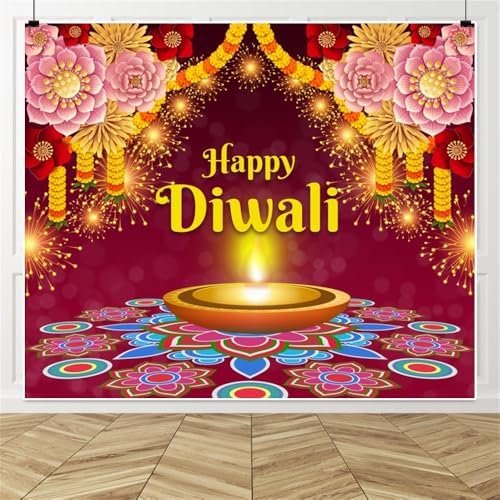 10x8ft Diwali Backdrop for Photography India Festival of Lights Photo Backdrop Diwali Banner Decorations for Party Supplies Deepavali Marigold Floral Backdrop Decorations Photo Props - Image 3
