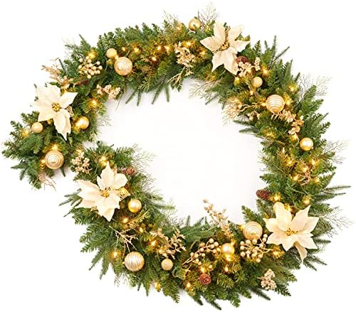 9Ft Christmas Garland Prelit with Gold Berries and Balls,Flower and 50 Lights Plug in,Holiday Decoration Fireplace Stairs Mantle Door Indoor Outdoor by AmerzestXmastree