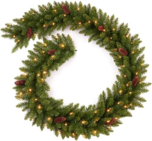9Ft Pre-Lit Christmas Garland, Plug in, Green, 50 Clear Lights, Fireplace Stairs Mantle Door Indoor Outdoor, Decorated with Pine Cones by AmerzestXmastree