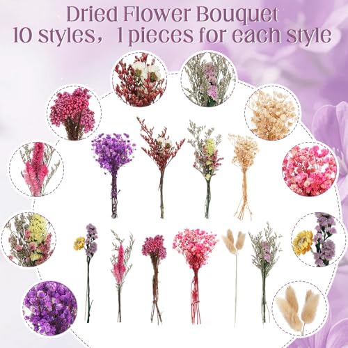 Nuanchu 10 Pcs Boho Wildflowers Dried Flowers Bouquet, 10 Glass Vase, Rope - Image 3
