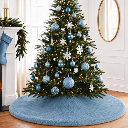 Viorawhite Dusty Blue Christmas Tree Skirt, 60 Inch Large Faux Fur - Image 6