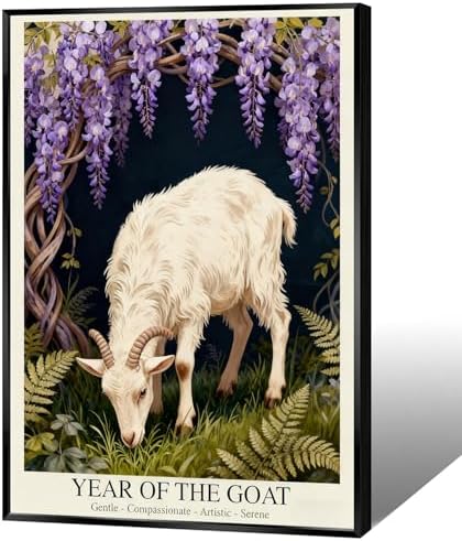 Chinese Lunar Year of the Goat Art Poster – White Goat Under Wisteria Arch Aesthetic Home Decor Posters for Room Wall Art and Apartment 24X36 in Wrapped Framed by Unknown