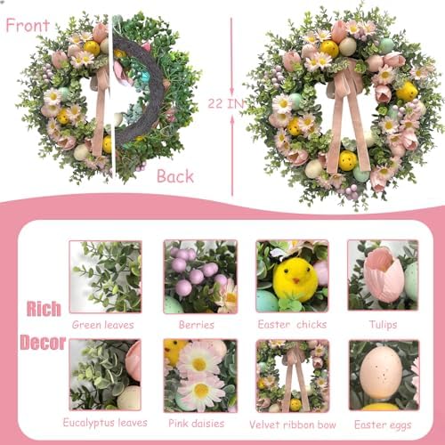 22 Inch Easter Wreath for Front Door with Easter Eggs, Eucalyptus Leaves, Daisies, Tulips, & Plush Chicks, Easter Spring Wreath with Velvet Ribbon Bow Decorations for Home - Image 2