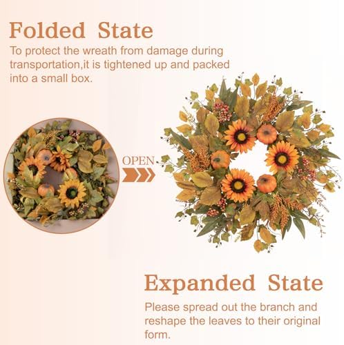 Eucalyptus Wreaths for Front Door 24 Inch Wreath with Artificial Pumpkin Sunflower Fall Leaves Front Door Wreath Decorations Porch Farmhouse Outdoor Indoor All Seasons Home Hanging Decor - Image 3