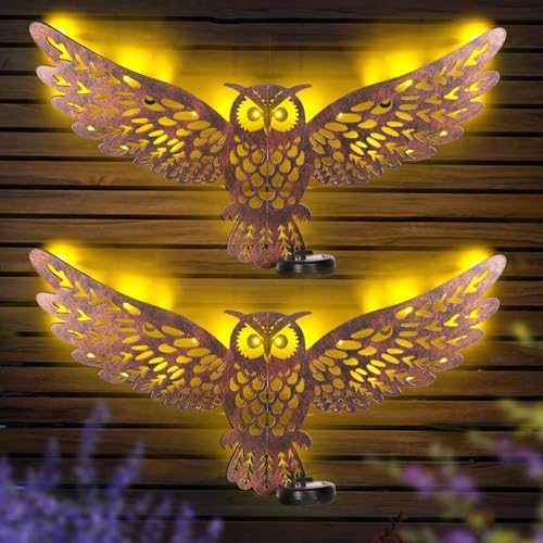 2 Pack 23" Metal Owl Outdoor Wall Decor with 35 Led Solar Lights by JJALIGHTS