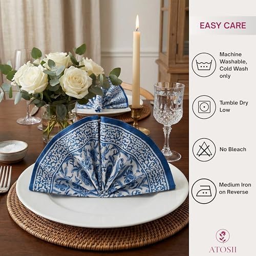 ATOSII Cotton Blockprint Cloth Napkins, Midnight Bloom, Set of 4, 20" X 20" - Image 5