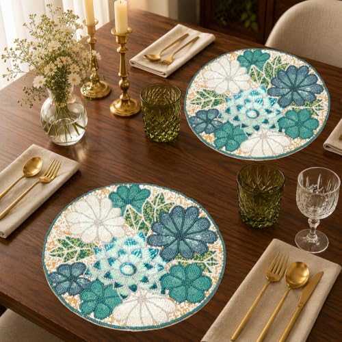 Lightnpro Flower Beaded Placemats Round, Rustic Farmhouse Hand Beaded Floral Placemats to Decorate Christmas Xmas Wedding Family Party Thanksgiving Dinner Table Décor - 13 Inch - Teal Combo - Image 5