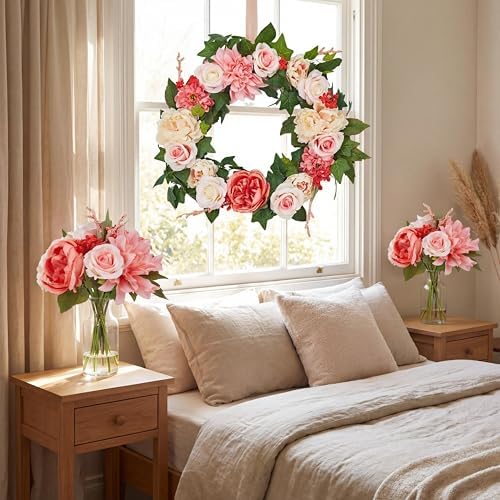24in Artificial Pink Peony Spring Summer Wreath and Bouquets Sets, Realistic Spring Fake Flower Decor with Real Rattan Base, Includes 2 Matching Bouquets, Front Door Home Mother's Day - Image 4