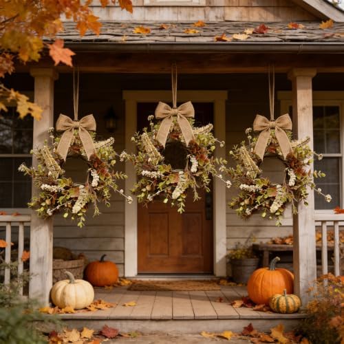 8 Pcs Small Fall Hanging Wreaths with Artificial Autumn Eucalyptus Greenery White Buds Beige Spikes Mini Cabinet Wreath for Home Table Centerpieces Kitchen Farmhouse Thanksgiving Party Decor - Image 7