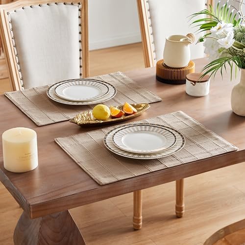 ZeeMart Linen Checked Farmhouse Placemats Set of 6, Taupe 13x19in - Image 4