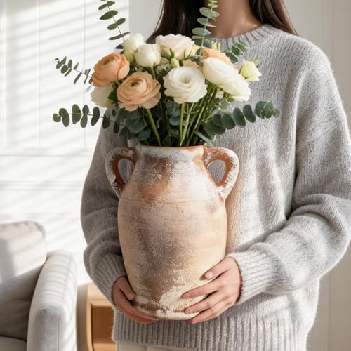 Ceramic Flower Vase, 8.3" Rustic Farmhouse Table Vase, Low Profile Decorative Pottery Vase for Fresh Flowers, Faux Stems, Coffee Table, Kitchen, Bathroom and Shelf Decor - Image 3