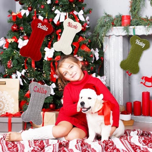 Personalized Dog Christmas Stockings, Custom Embroidered Knit Bone Shape - Image 6