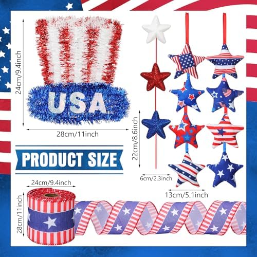 Halfchet 43 Pcs 4th of July Tree Decorations Patriotic Tree Ornaments Topper Trees Hanging Ornaments for Independence Day Home Table Party Decor (USA Hat Style) - Image 3