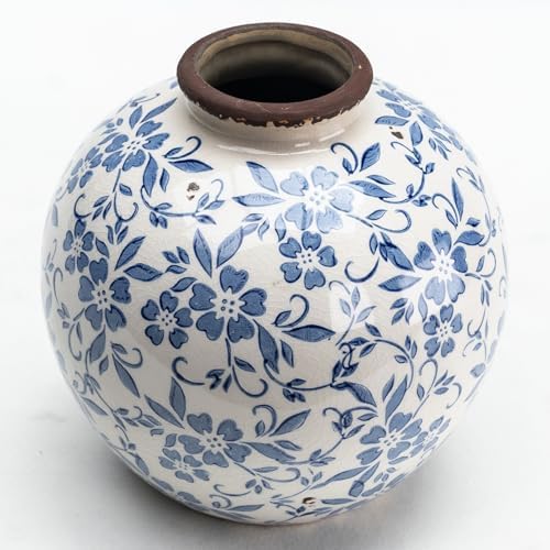 Blue and White Ceramic Vase 8”, Vintage Decorative Pottery Floral Vase for Hydrangeas, Crackle Glaze Chinoiserie Vase for French Country Rustic Farmhouse Coffee Table & Mantel Decor by SincereLuxe