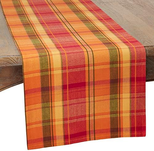 Terracotta Orange Holiday Harvest Plaid Design Cotton Runner. 16"x72" Oblong - Image 3