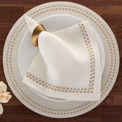 Bodrum Pearls Round Embroidered Placemats Set of 4 – 15" Elegant Table Mats for Dining, Weddings & Special Occasions, Decorative, Wipe-Clean Vinyl Placemats, Antique White/Gold - Image 5