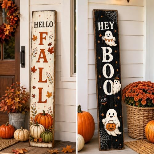 47 Inch Fall Porch Sign Reversible Halloween Door Sign Wooden Welcome Decor - Image 5