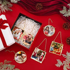 Qunclay 6 Pcs 3.2” Christmas Brass Picture Frame Ornaments Square Round Christmas Metal Double Glass Hanging Photo Frame with Metal Chain for Xmas Tree Decorations(Gold) - Image 4