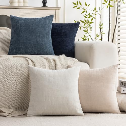 Set of 4 Soft Textured Decorative Throw Pillow Covers 20x20 Inch Cozy Farmhouse Cushion Cover Square Accent Pillow Cases for Bed Couch Sofa Living Room, Beige White Blue - Image 2