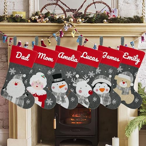 Set of 6, 18" Dia Personalized Gray Christmas Stockings with Embroidery Names, with Holders,Quality Thick Fleece Material Stockings for Family Décor(Set of 6-A) - Image 4