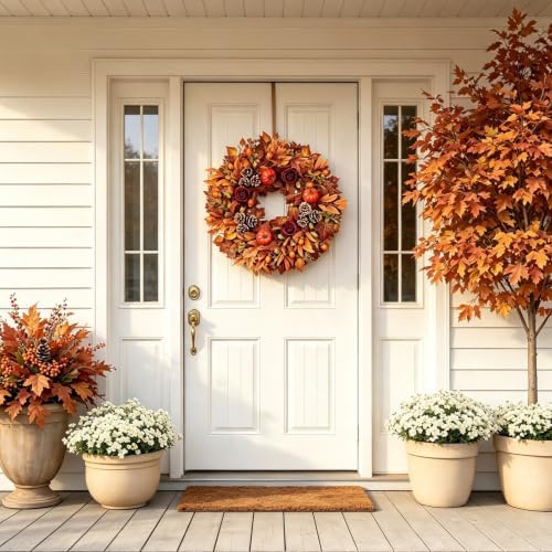 24 Inch Fall Wreath for Front Door, Autumn Wreath with Pumpkins, Roses, Maple Leaves, Harvest Fall Door Wreath for Porch, Window, Mantel, Thanksgiving Farmhouse Decor - Image 2