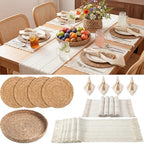 4 Sets White Kitchen Decor,Table Setting Decor with Round Woven,Rectangular,Wooden Bead Napkin Rings,Cloth Napkins,Table Runner & Storage Basket,Natural Burlap Cotton for Kitchen Dining Table Home by DKALIO