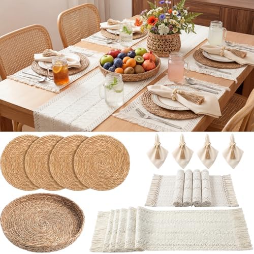 4 Sets White Kitchen Decor,Table Setting Decor with Round Woven,Rectangular,Wooden Bead Napkin Rings,Cloth Napkins,Table Runner & Storage Basket,Natural Burlap Cotton for Kitchen Dining Table Home by DKALIO