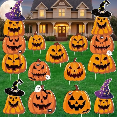 Amyhill 12 Pcs Halloween 16 Pumpkin Ghost Yard Signs with Witch Hat Outdoor by Amyhill