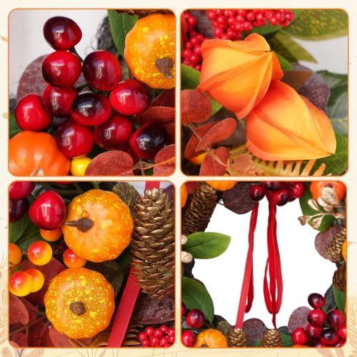 Fall Wreaths for Front Door 24" Harvest Thanksgiving Wreath with Pumpkins - Image 3