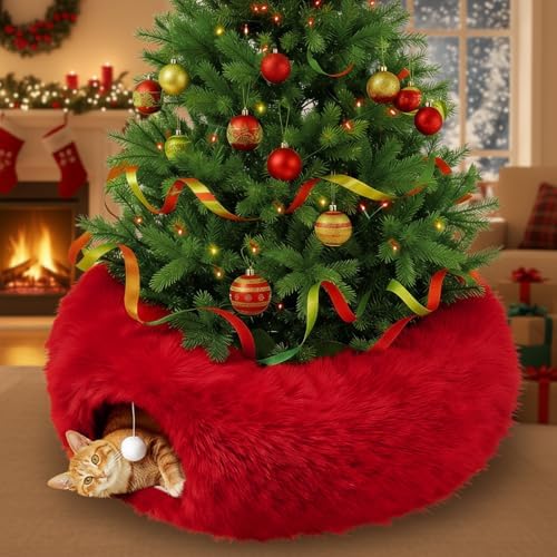 Thyle Christmas Cat Tunnel Bed, Red, 3ft X 3ft X 9.8in, Plush by Thyle