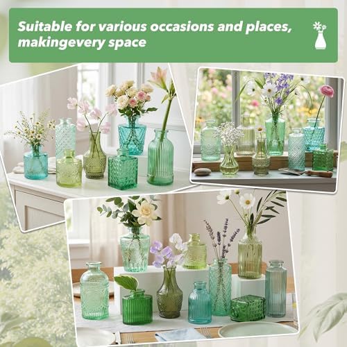 Colored Glass Vases Bulk 32 Pcs - Assorted Vintage Bud Vases for Wedding Centerpieces, Rustic Embossed Glass Bottles for Table Decor, Home Floral Arrangements with Green Series (2-6 Inch) - Image 6