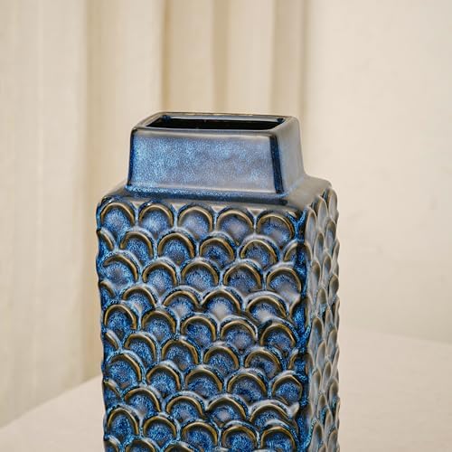 Ceramic Flower Vase, 12.6” Tall Vintage Blue Pottery Vase for Home Decor, Rustic Textured Vase for Pampas Grass, Living Room, Entryway, Mantel, Kitchen Table - Image 5